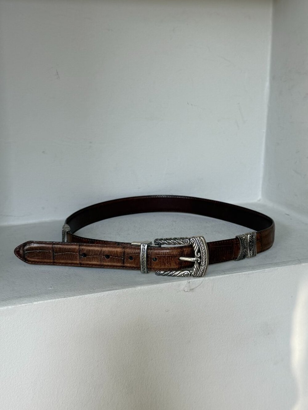 Unbranded Brown Croc Embossed Leather Belt Ornate Silver Western Buckle